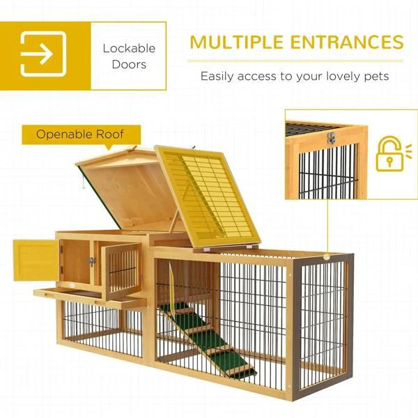 Wooden rabbit hutch with outdoor run, openable roof, lockable door, and wire mesh panels