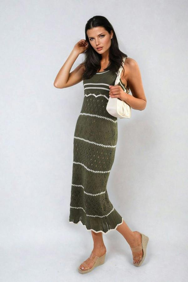 Ariana Strappy Long Knitted Stripe Cami Dress - Khaki