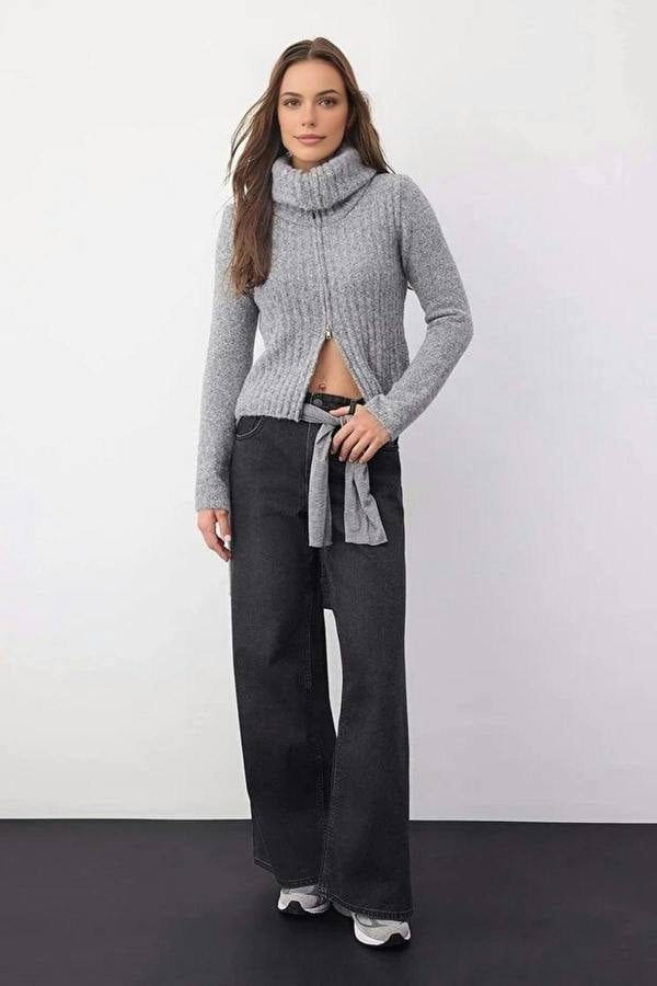 WOVCOR Wool Blended Beard Yarn Zippered Knit Cardigan