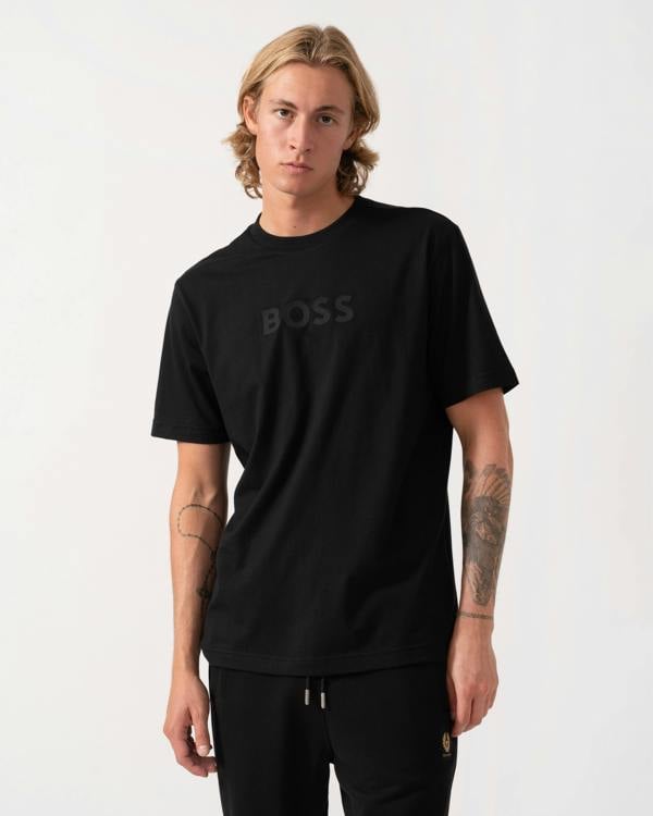 Front of the BOSS Green Mens Relaxed-fit T-Shirt in stretch cotton with tonal logo - Black 001