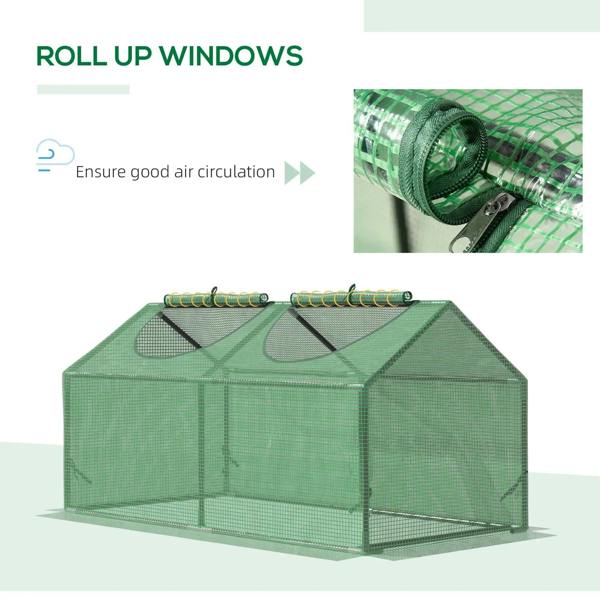 Green mini greenhouse top with roll-up window panels and green fastening straps