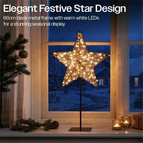 Scotts of Stow Xmas Haus Black Metal LED Christmas Star with Stand, 100 Warm White LEDs, 5m Cable, IP20 Transformer