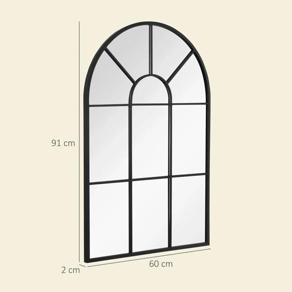 Arched grid mirror with black frame, centered rounded top arch and cross grid bars.