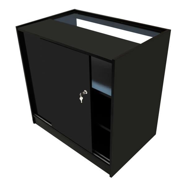 Gravity LED shop counter set in sleek black, featuring a smooth finish, secure locking door, and open shelving for display storage