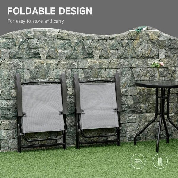3 Piece Outdoor Bistro Set, Patio Conversation Furniture Set with 2 Folding Backrest Adjustable Armchairs and Glass Top Coffee Table, Grey