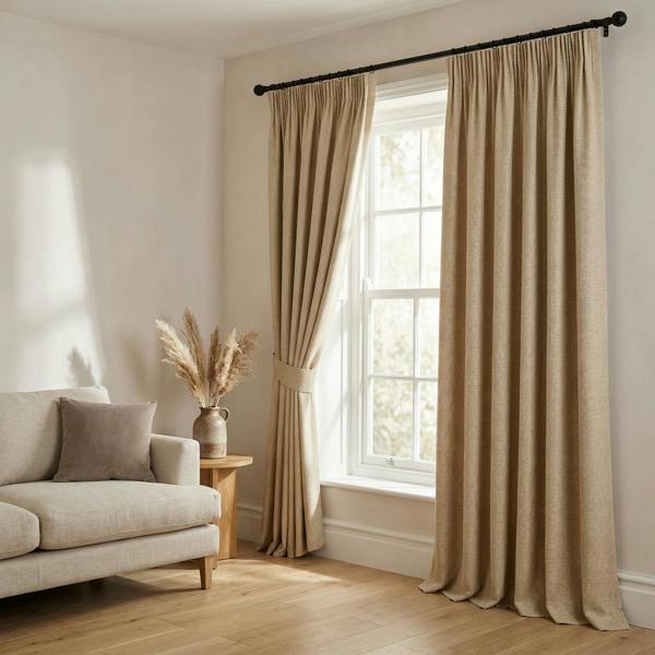 Malaga made-to-measure curtains in Wheat, styled in a living room