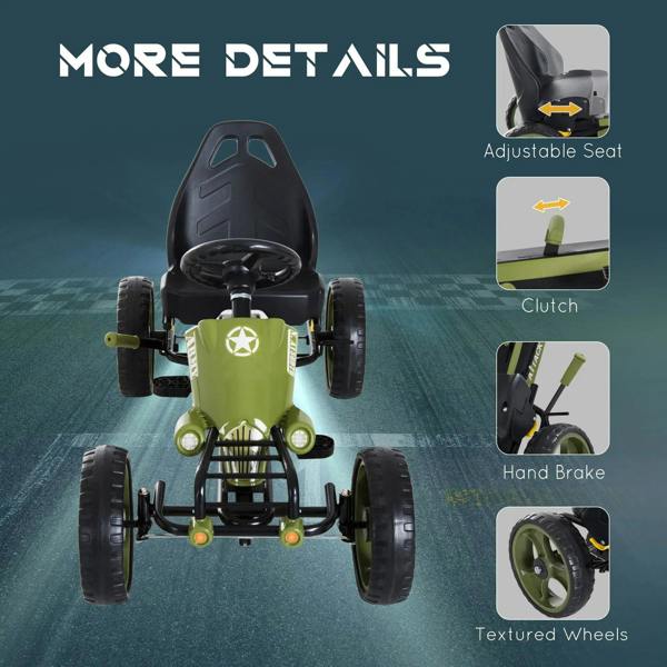 Green pedal go-kart featuring adjustable seat and hand brake