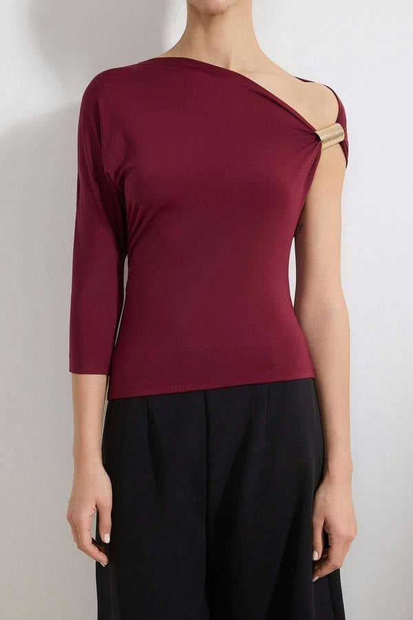Asymmetric Neckline One Sleeve Fitted Blouse