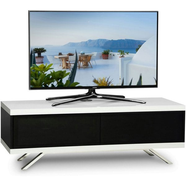 MDA Designs TUCANA 1200 HYBRID Black White TV Stand BeamThru Remote-Friendly Doors up to 60" Flat Screen TVs Media Cabinet