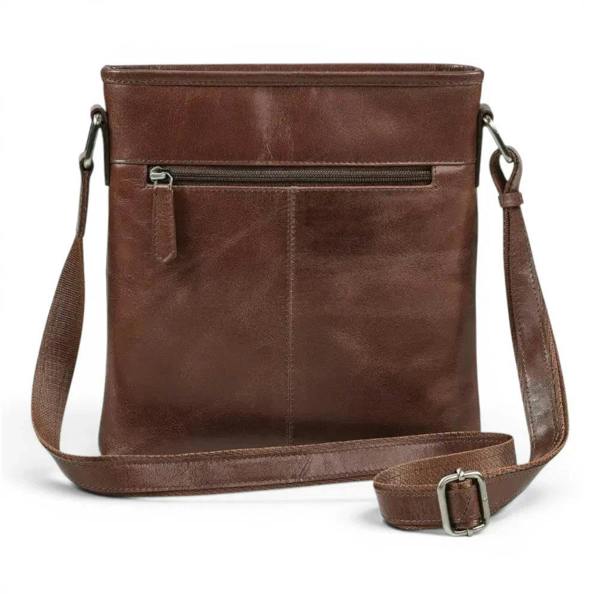 Cognac large real leather cross body handbag with front magnetic
pocket and rear zip compartment.