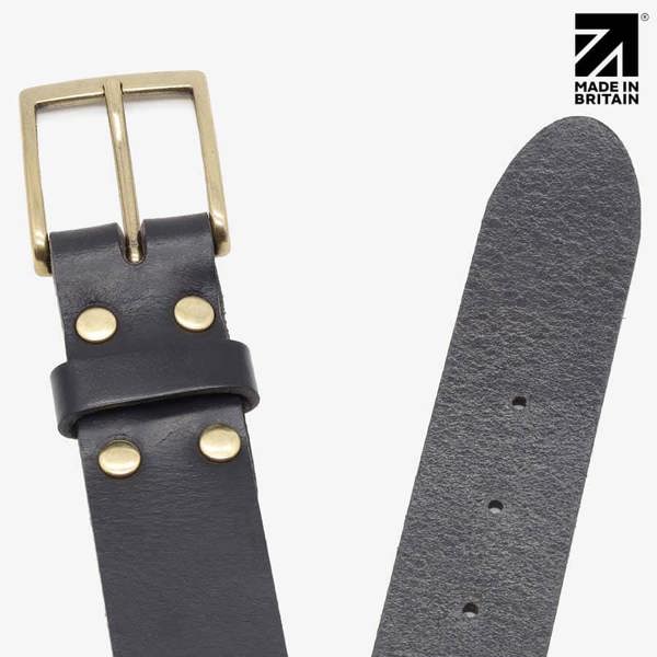 Top angle view of black waxed edge leather belt 35mm with brass pin buckle — PRIMEHIDE