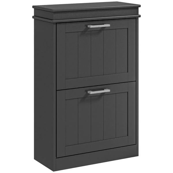 Black two-drawer shoe cabinet front view with paneled doors and rectangular drawer pulls