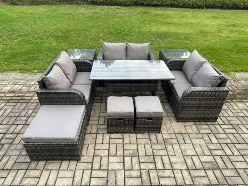 Fimous 9 Pieces Outdoor Rattan Garden Furniture Set with Patio Rectangular Dining Table Love Sofa 2 Side Tables 3 Footstools Dark Grey Mixed