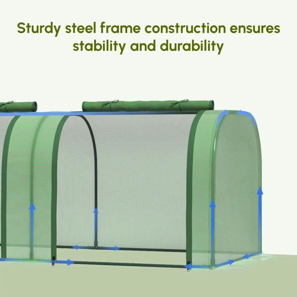 Green mini polytunnel greenhouse with sturdy steel frame and arched translucent cover