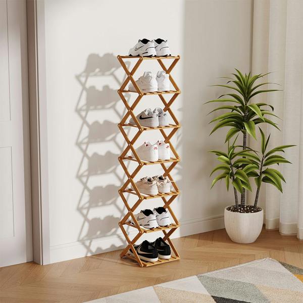 Living and Home 7 Tier Bamboo Folding Shoe Rack Shoe Storage Organiser - Light Oak