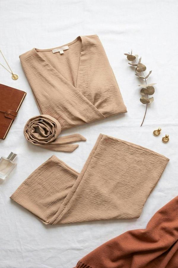 Nerina Wrap Short Sleeve Wide Leg Jumpsuit With Tie Waist - Mocha
