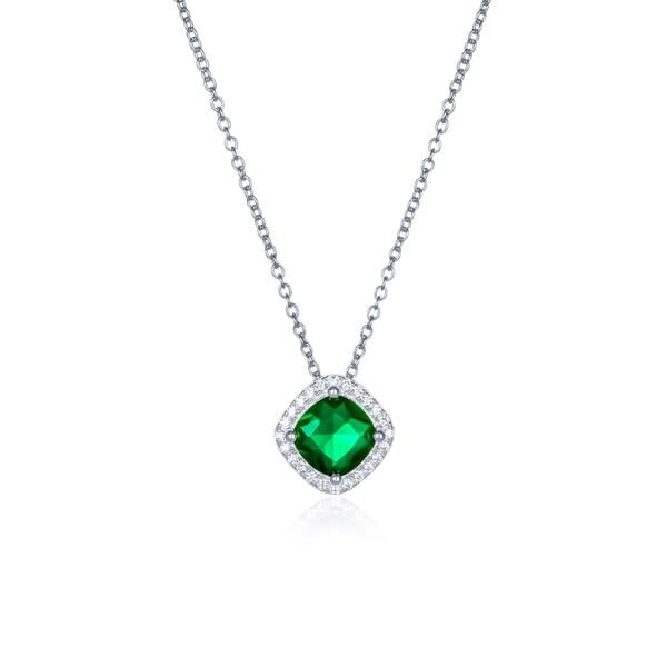 namana 925 Sterling Silver Green Cubic Zirconia Cushion Halo Pendant Necklace