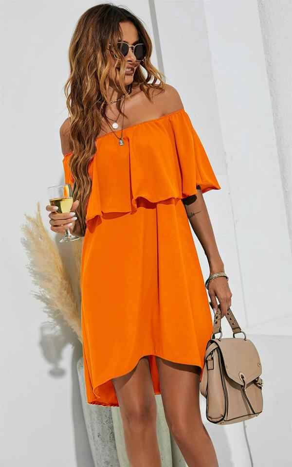 FS Collection Bardot Frill Off Shoulder Mini Dress In Orange