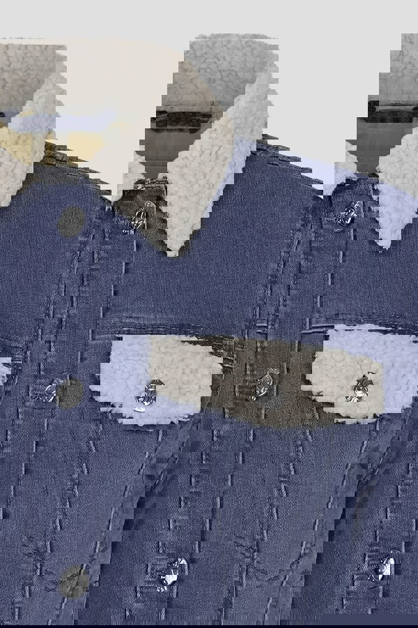 ENORSIA Mid Blue Borg Collar Cropped Denim Jacket