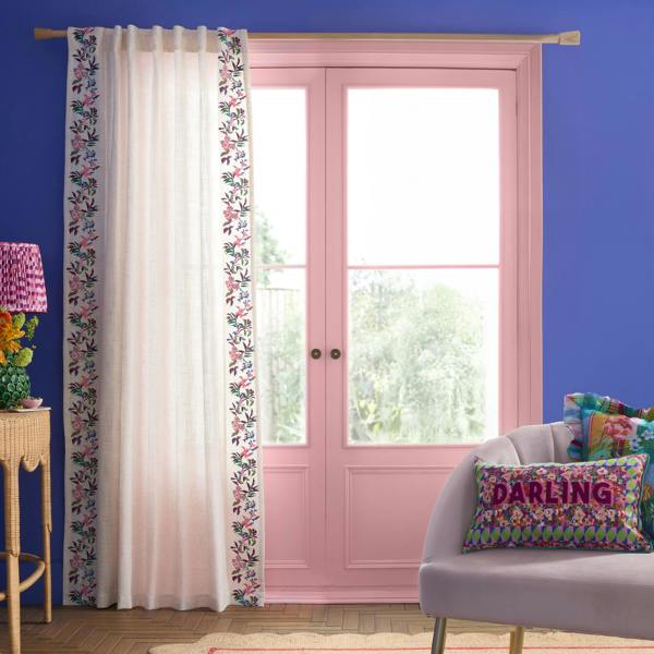 Sophie Robinson Flourish Floral Embroidered Tab Top Voile Curtain Panel Bright