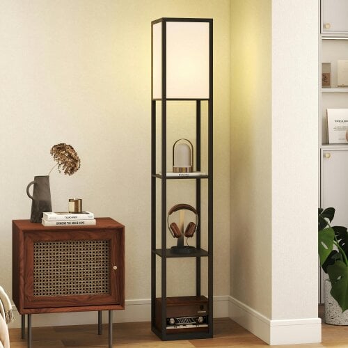 HOMCOM Floor Lamp with 3-Tier Storage Shelf for Home Office - Black - Bulb not included - MDF, Acrylic