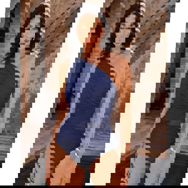 Navy blue Miraclesuit Network Jena swimsuit with one-shoulder ruching