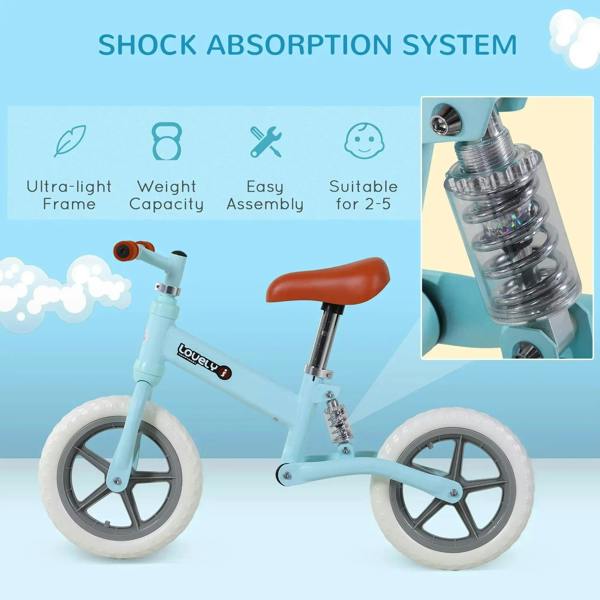 Light blue kids balance bike with shock-absorbing front spring, orange grips, and brown seat