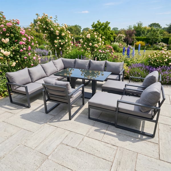 Fimous 12 Seater Outdoor Aluminum Garden Furniture Set with Corner Sofa, 3 Chairs, 2 Footstools & Adjustable Rising Dining Table - Dark Grey
