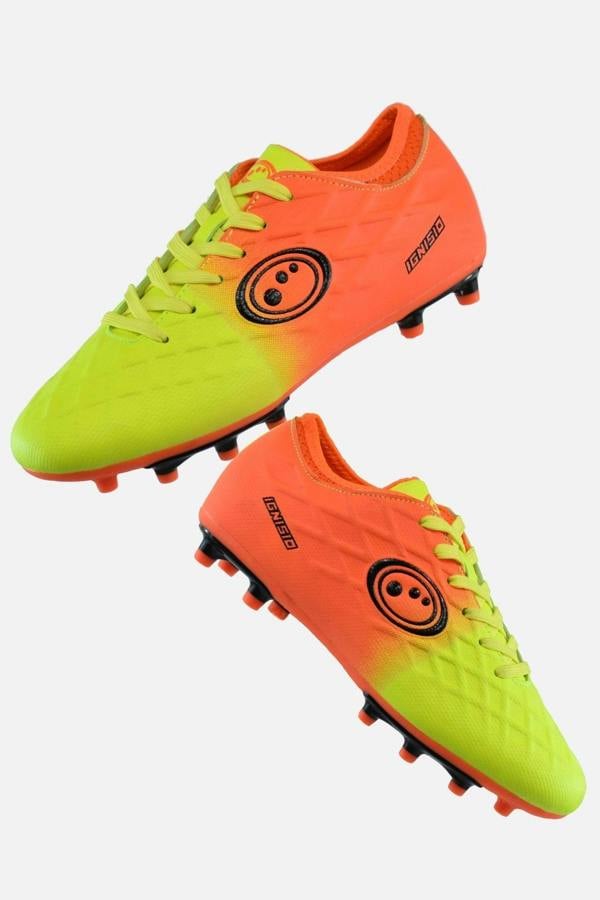 Pair of orange and fluro yellow Optimum Ignisio football boots, moulded studs and black ring logo, angled on white - Optimum