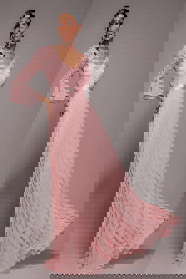 Scalloped Lace Bodice Pleated Chiffon A Line Maxi Dress - Blush Pink DR4390