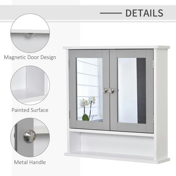 White cabinet with grey mirrored doors and metal handle knobs