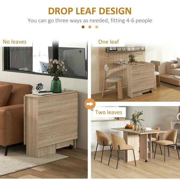Natural wood drop-leaf dining table with side storage, shown closed and opened