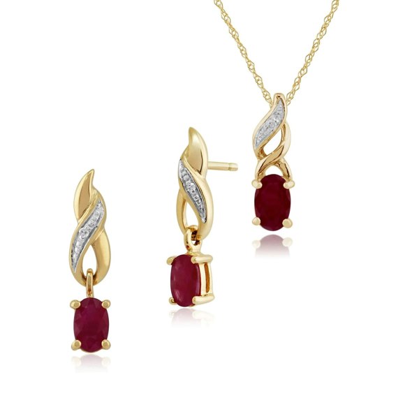 8731-135P1573039 Classic Oval Ruby & Diamond Twist Drop Earrings & Pendant Set in 9ct Yellow Gold 1