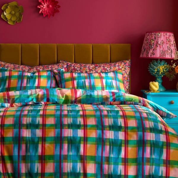 Sophie Robinson Wanderweave Ikat Check 100% Cotton Reversible Duvet Cover Set Bright