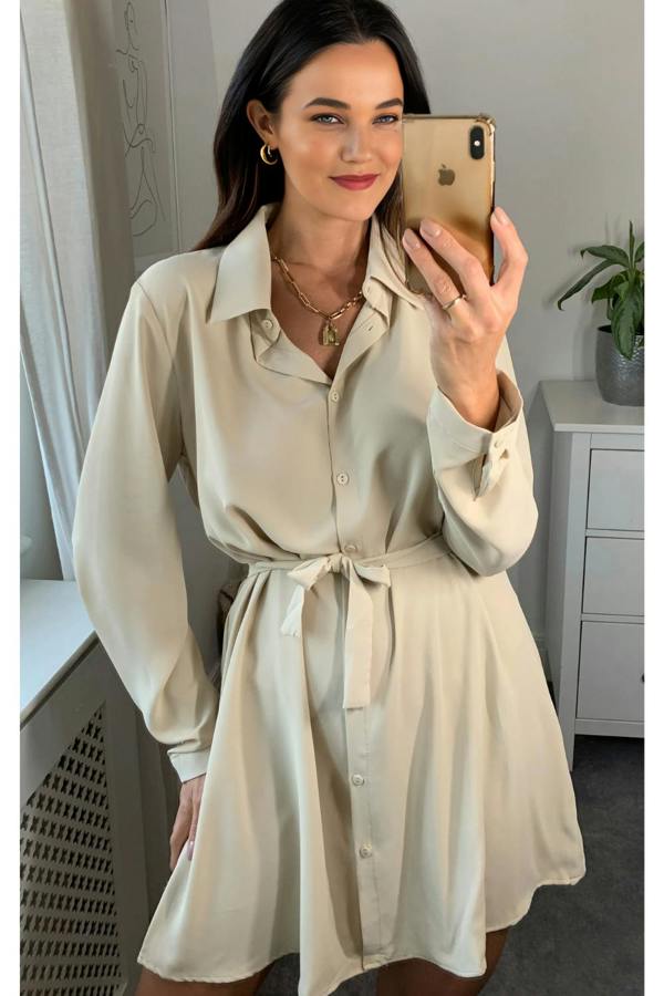 Hoxton Gal Oversized Belt Detailed Shirt Tunic with Long Sleeves in Beige