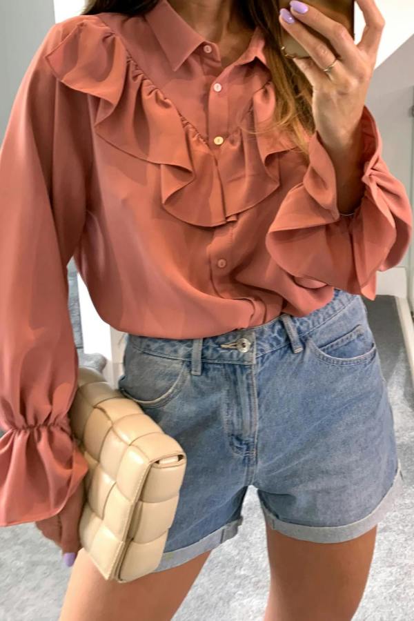 Hoxton Gal Oversized Frill Detailed Long Sleeves Blouse Shirt in Pink