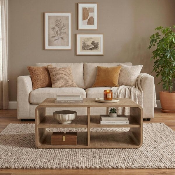 Decortie Rovel Modern Coffee Table 80cm 4 Open Compartments Soft Rounded Edges Natural Oak Living Room