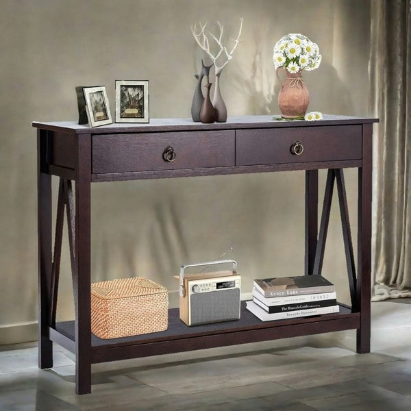 Rafaelo Mobilia Industrial Narrow Console Table With 2 Drawers Walnut Brown