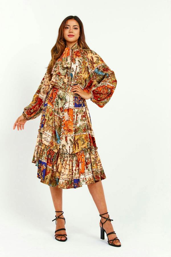 LuvForever Oriental Print Ruffle Midi Dress