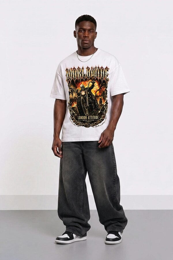 London Attitude Worldwide Skull Biker Oversized Heavyweight Graphic T-Shirt