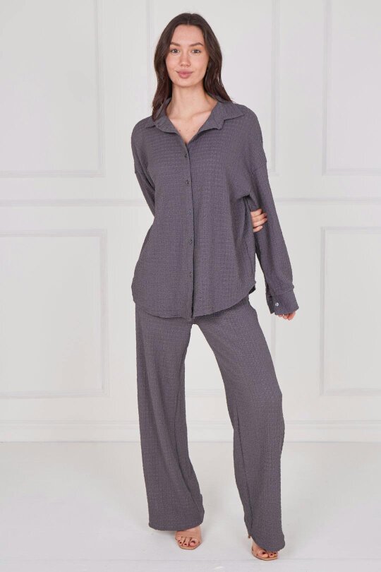 Elaina Fashion Textured Shirt & Wide-Leg Trouser Co-Ord Set - Onesize (8-14) - Grey