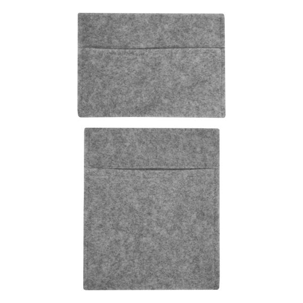 Smoke grey storage pouches made of soft felt material, featuring a sleek design with two pockets for organized storage