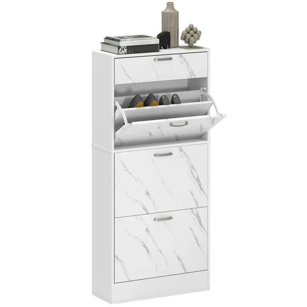 White marble-look shoe storage cabinet with three flip drawers and top drawer, open front