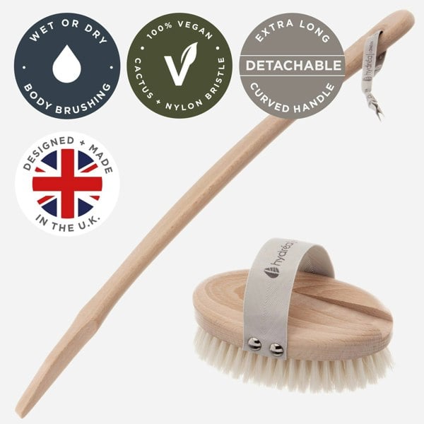 Hydréa London Professional Vegan Dry Body Brush Long Detachable Curved Handle FSC® Certified Beechwood - Cactus & Nylon Bristle