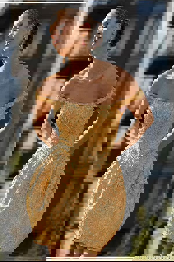 Corset Balloon Skirt Lace Up Back Mini Dress - Gold DR4778