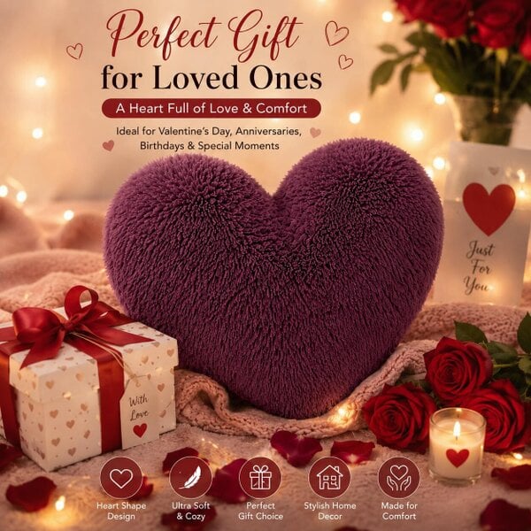 Night Zone Teddy Cuddles Heart Shape Cushion – Soft Teddy Fleece Filled Decorative Cushion - Plum