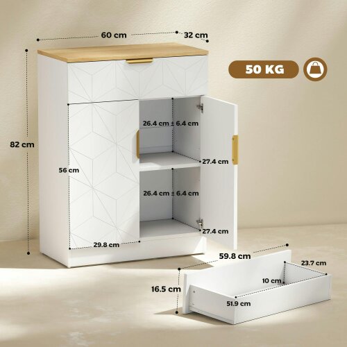 Wyld Haus Rilosa White Geometric Modern Sideboard Natural Top With Storage Drawer and 2 Doors