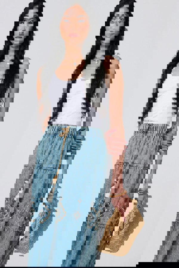 Indigo | Embroidered Tiered Tassel Waist Maxi Skirt
