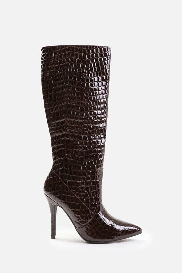 Where's That From Zoya Wide Calf High Heel Boot in Wide E Fit in Dark Brown Croco Patent