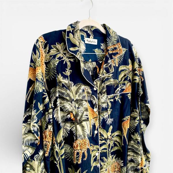 Hayley & Co Giraffe Print 100% Cotton Long Pyjama Set in Dark Blue